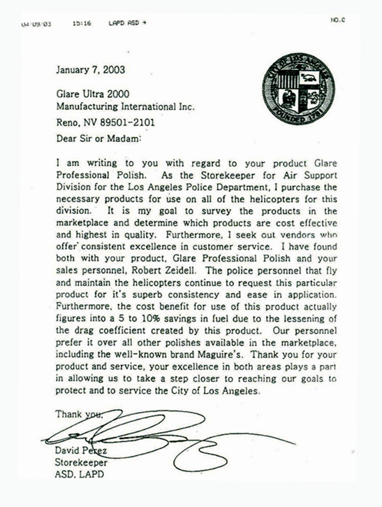 美国洛杉矶空警局供应商戴维.佩雷斯的来信